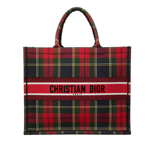 Large Embroidered Canvas Tartan Check Book Tote - Image 1