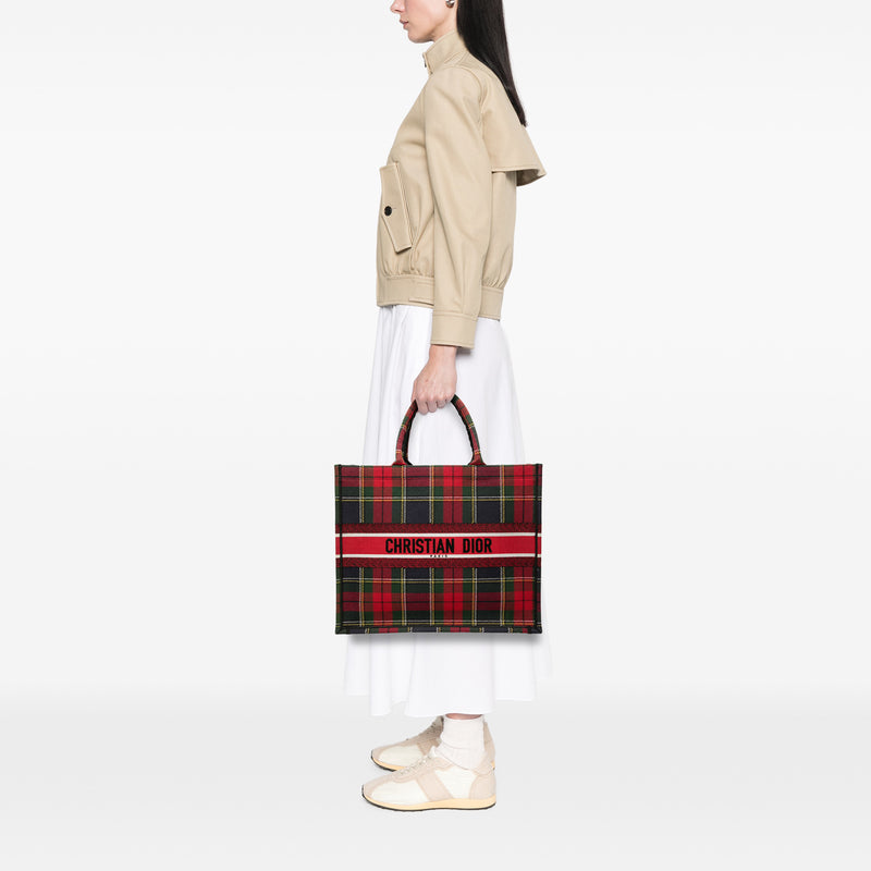 Large Embroidered Canvas Tartan Check Book Tote - Image 7