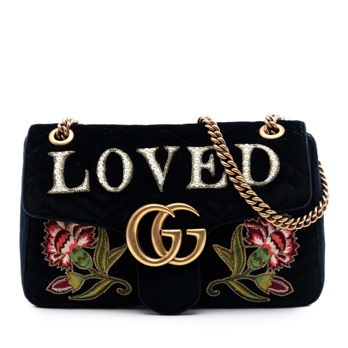 Large GG Marmont Matelasse Velvet Embroidered Loved Shoulder Bag - Image 1