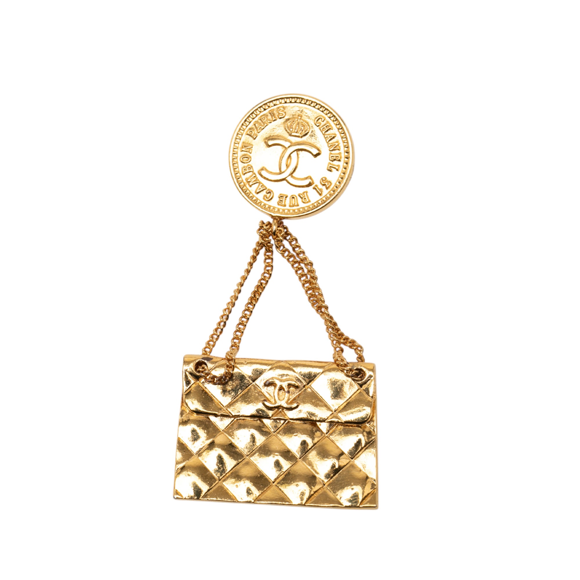 CC Gold Plated Quilted Flap Bag Medallion Brooch - Image 1