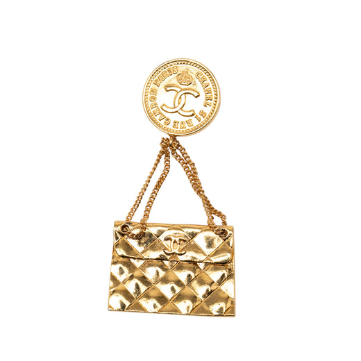 CC Gold Plated Quilted Flap Bag Medallion Brooch - Image 1