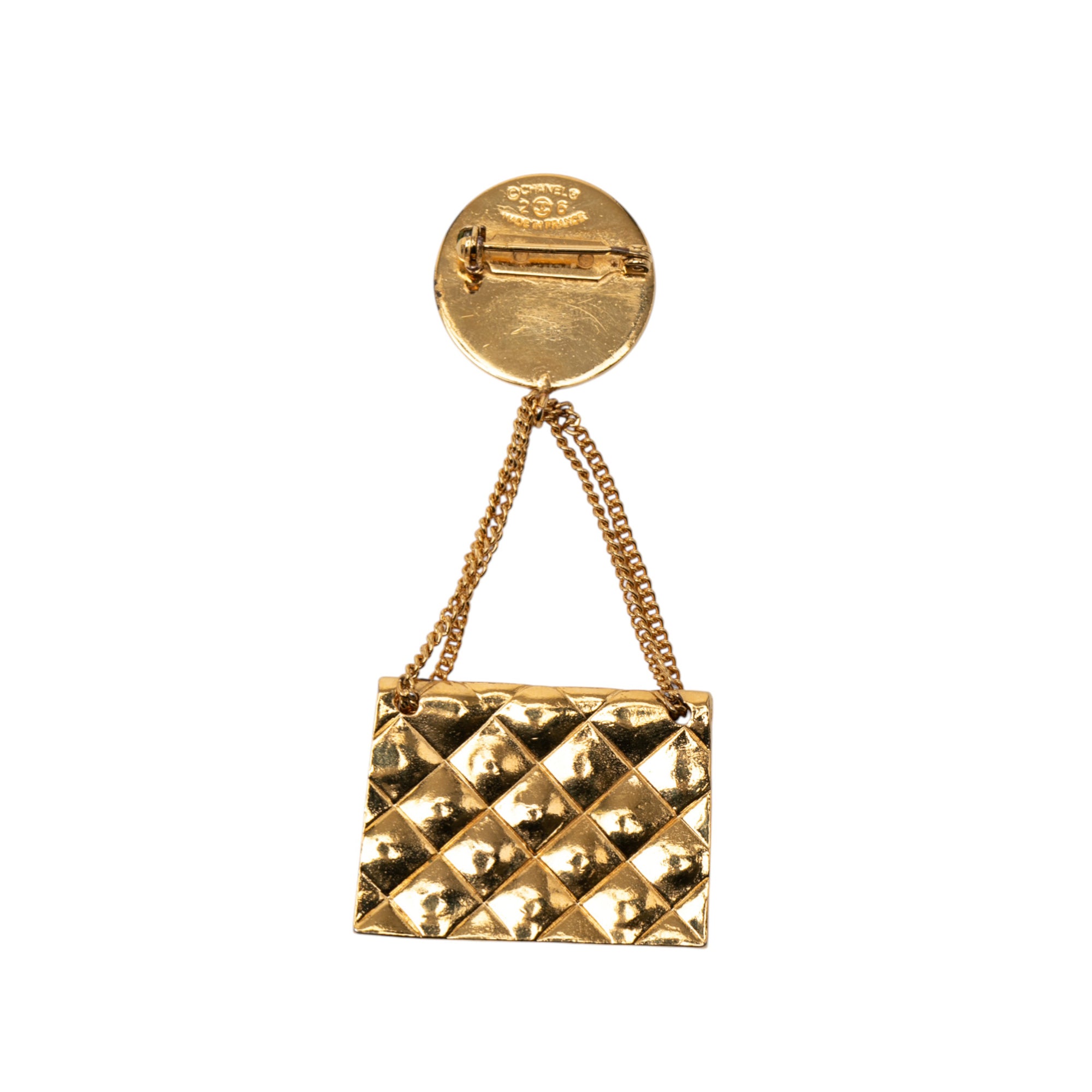 CC Gold Plated Quilted Flap Bag Medallion Brooch - Image 2