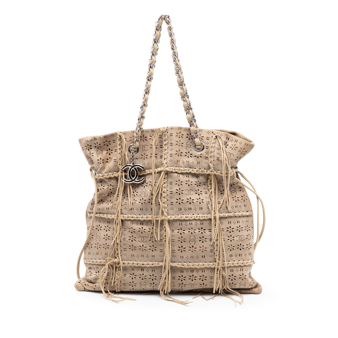 Perforated Suede Fringe Tote - Image 1