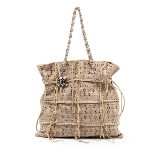 Perforated Suede Fringe Tote - Image 1