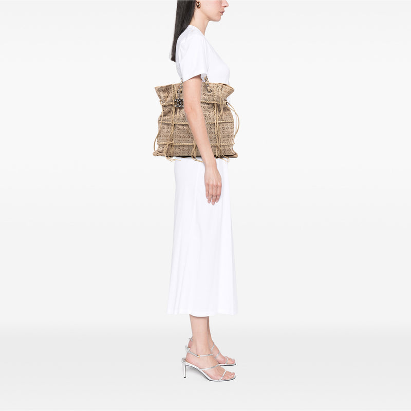 Perforated Suede Fringe Tote - Image 6