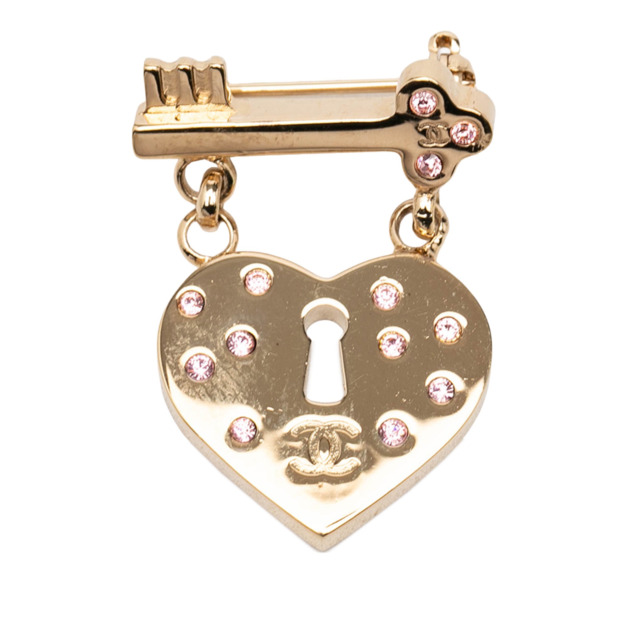 CC Gold Plated Strass Heart Lock and Key Brooch - Image 1