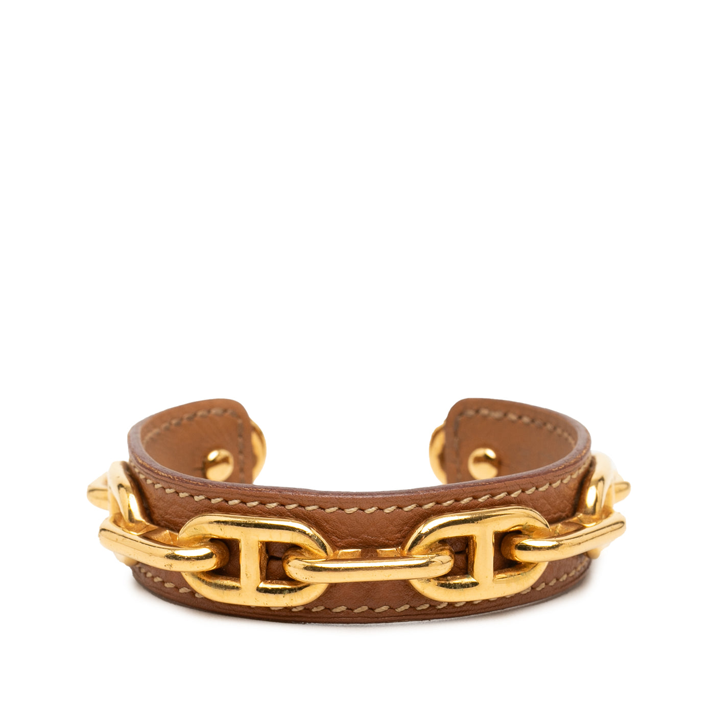 Leather and Gold Plated Chaine d Ancre Cuff Bracelet - Image 1