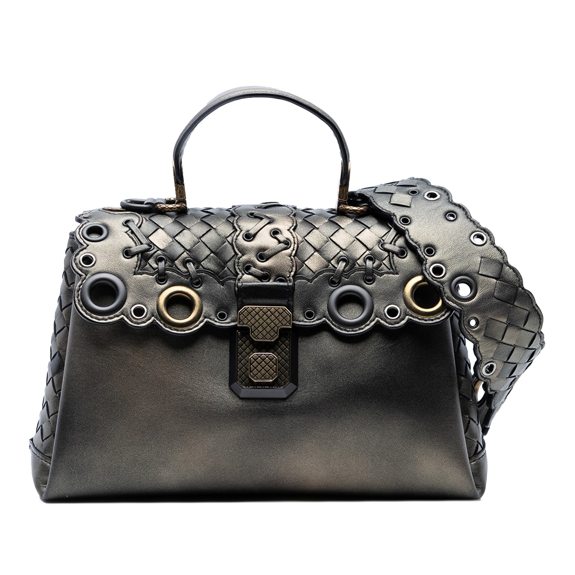 Small Intrecciato Trimmed Metallic Nappa Grommet Piazza Satchel - Image 1