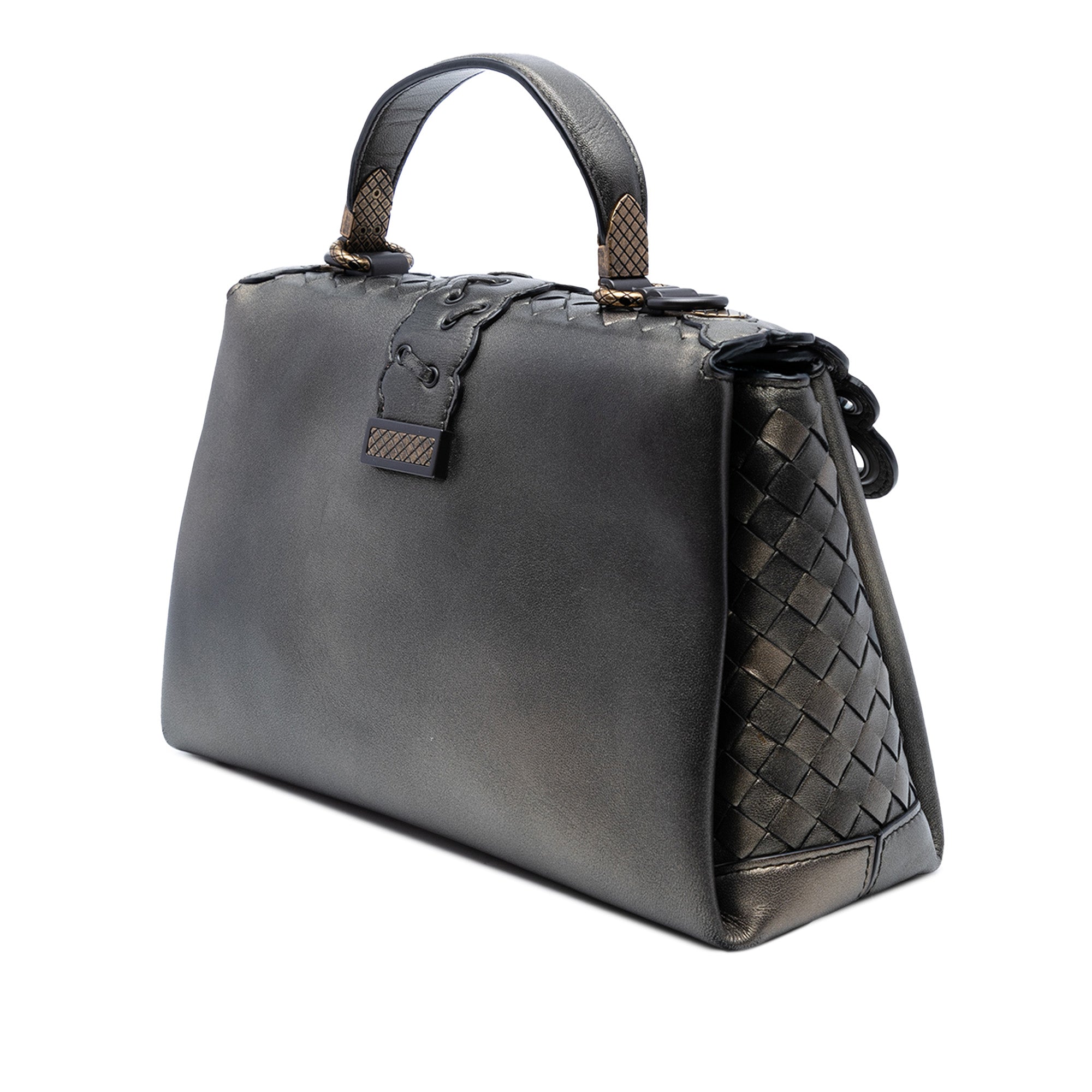 Small Intrecciato Trimmed Metallic Nappa Grommet Piazza Satchel - Image 2