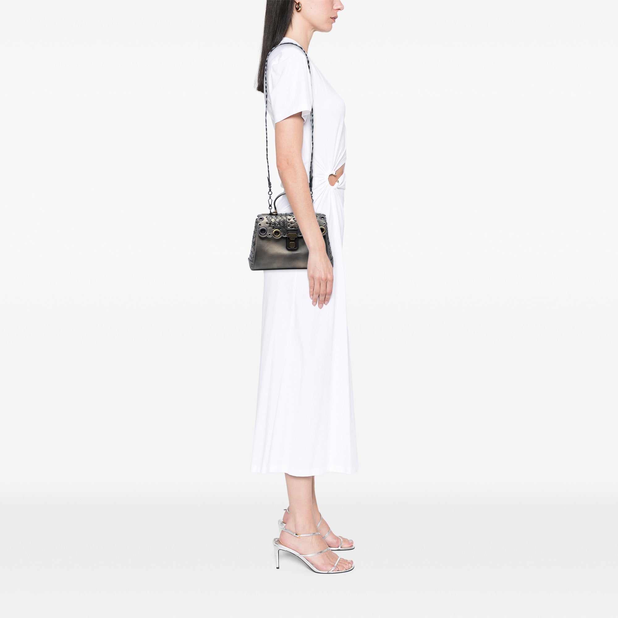Small Intrecciato Trimmed Metallic Nappa Grommet Piazza Satchel - Image 6