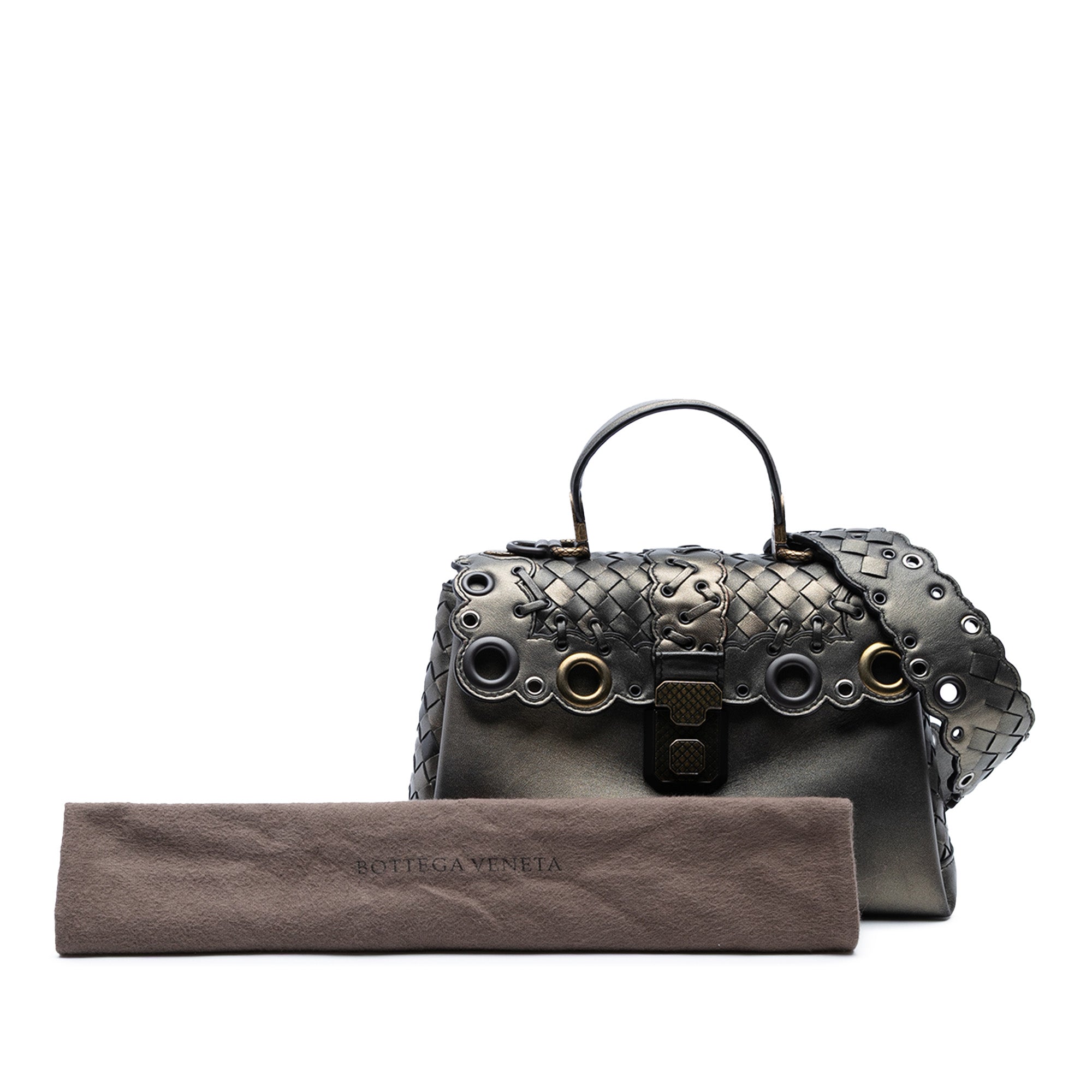 Small Intrecciato Trimmed Metallic Nappa Grommet Piazza Satchel - Image 7