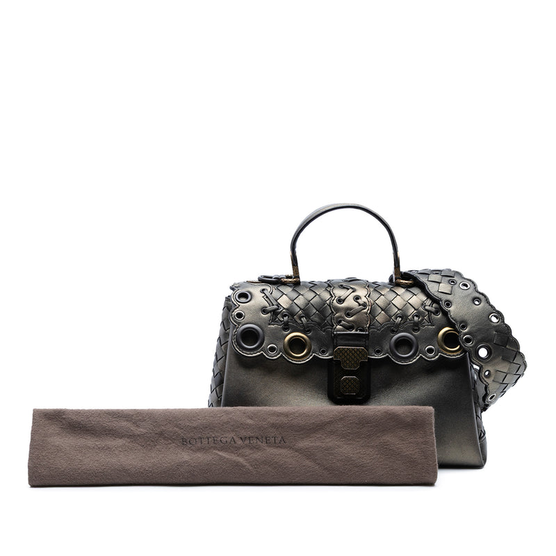 Small Intrecciato Trimmed Metallic Nappa Grommet Piazza Satchel - Image 7
