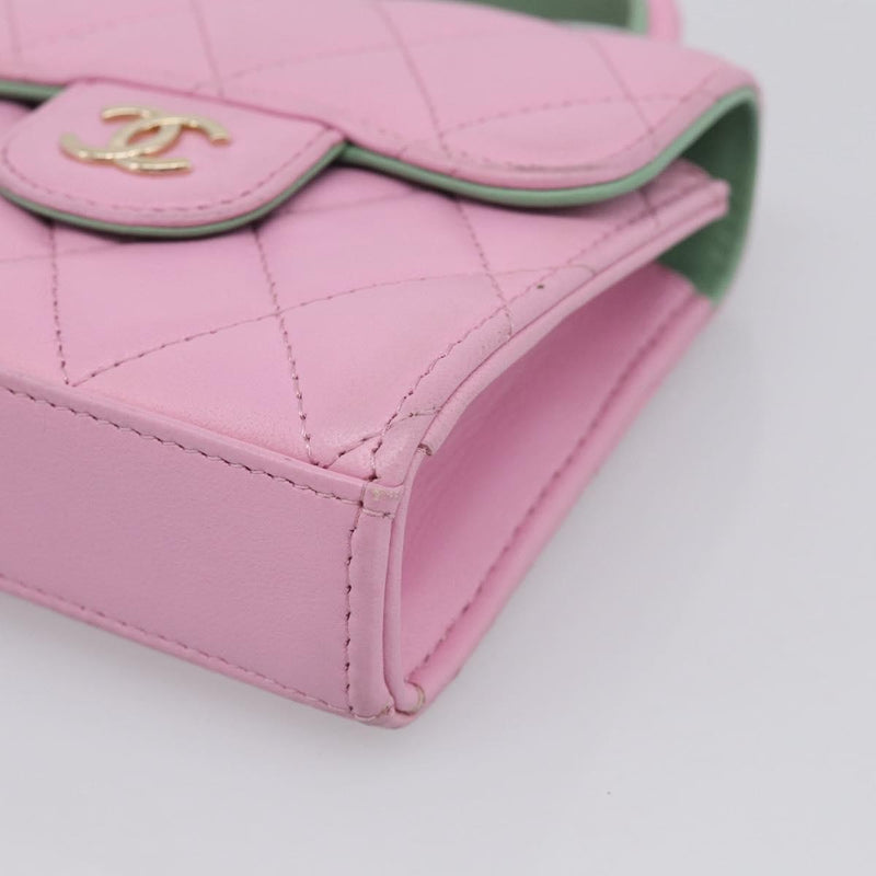 Chanel Square Classic Flap Top Handle Clutch With Chain Quilted Lambskin Pink Leather