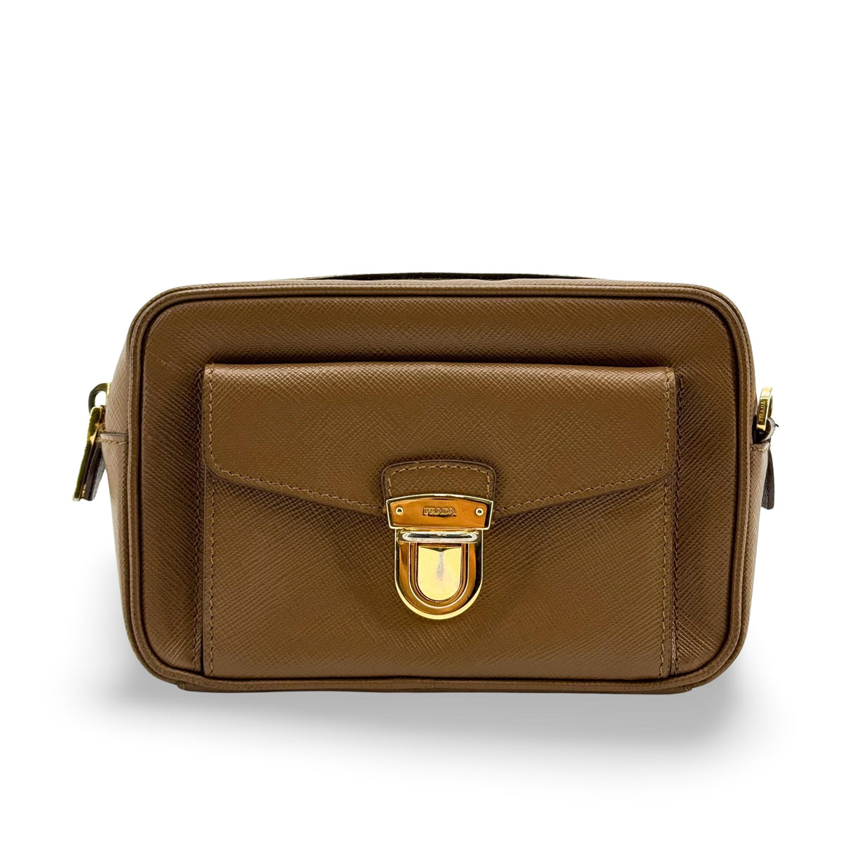 Prada Pushlock Pocket Camera Saffiano Leather Brown Bag