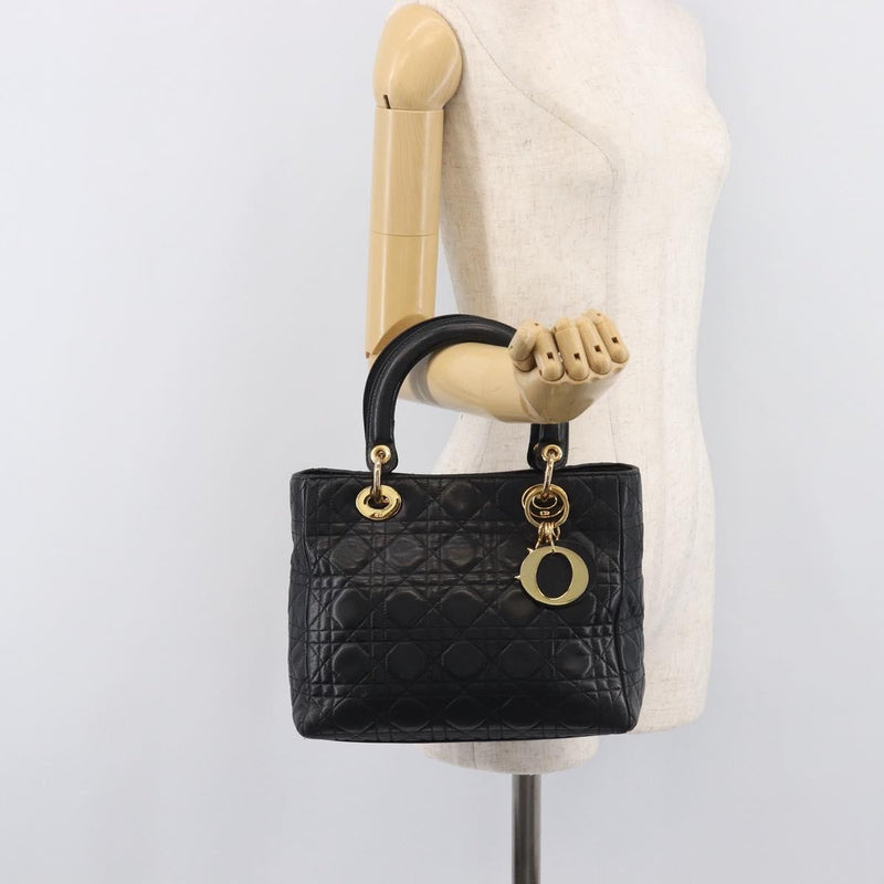 Christian Dior Vintage Lady Cannage Quilt Lambskin Black Leather Bag
