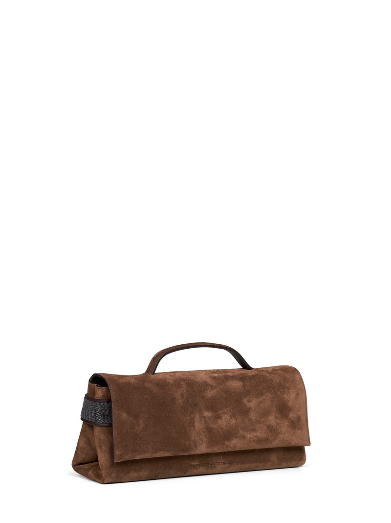 Brunello Cucinelli Suede Foldover Top Handle Clutch — Brown Leather Bags