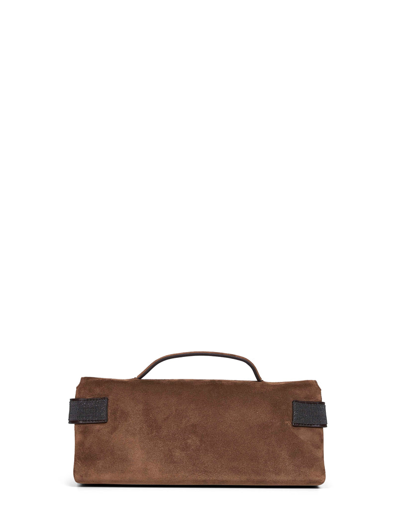 Brunello Cucinelli Suede Foldover Top Handle Clutch — Brown Leather Bags