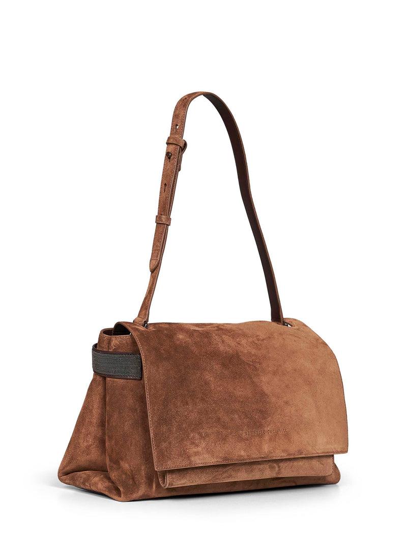 Brunello Cucinelli Suede Foldover Shoulder Bag — Brown Cotton