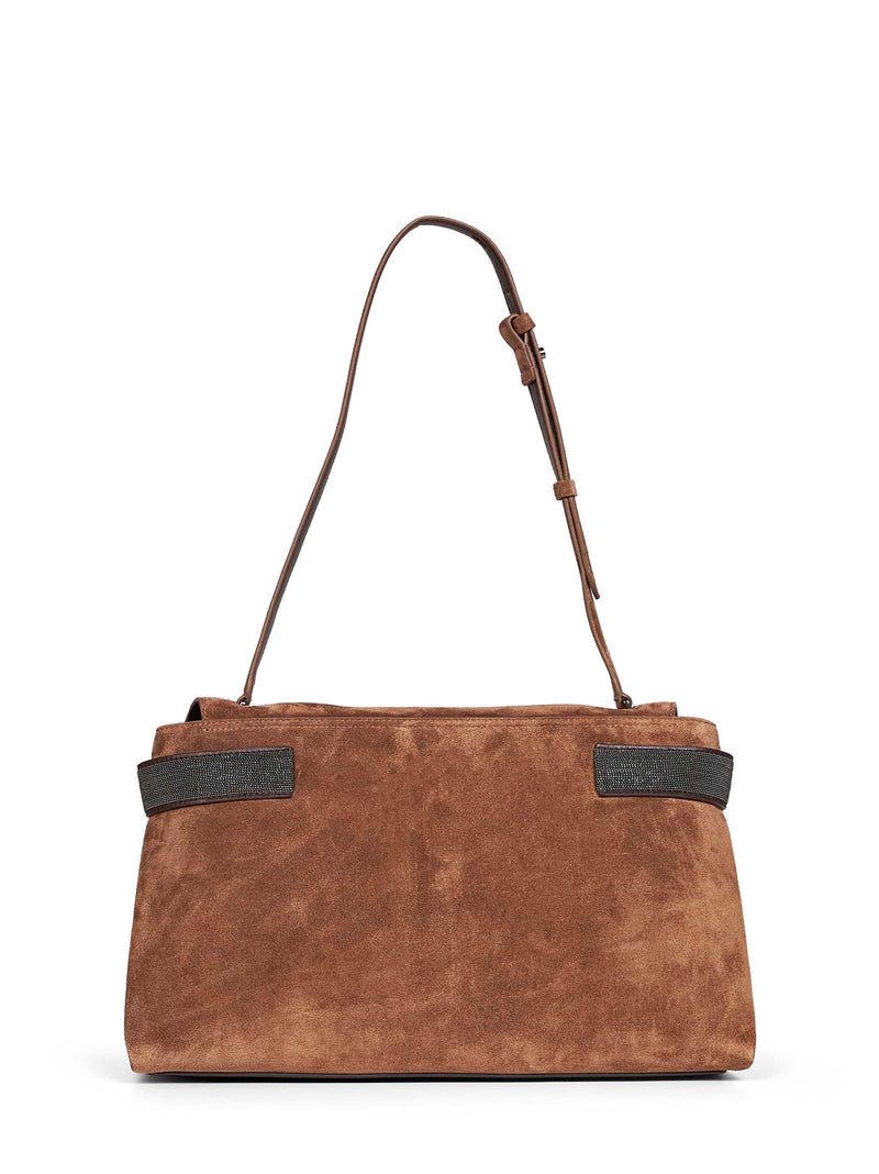 Brunello Cucinelli Suede Foldover Shoulder Bag — Brown Cotton