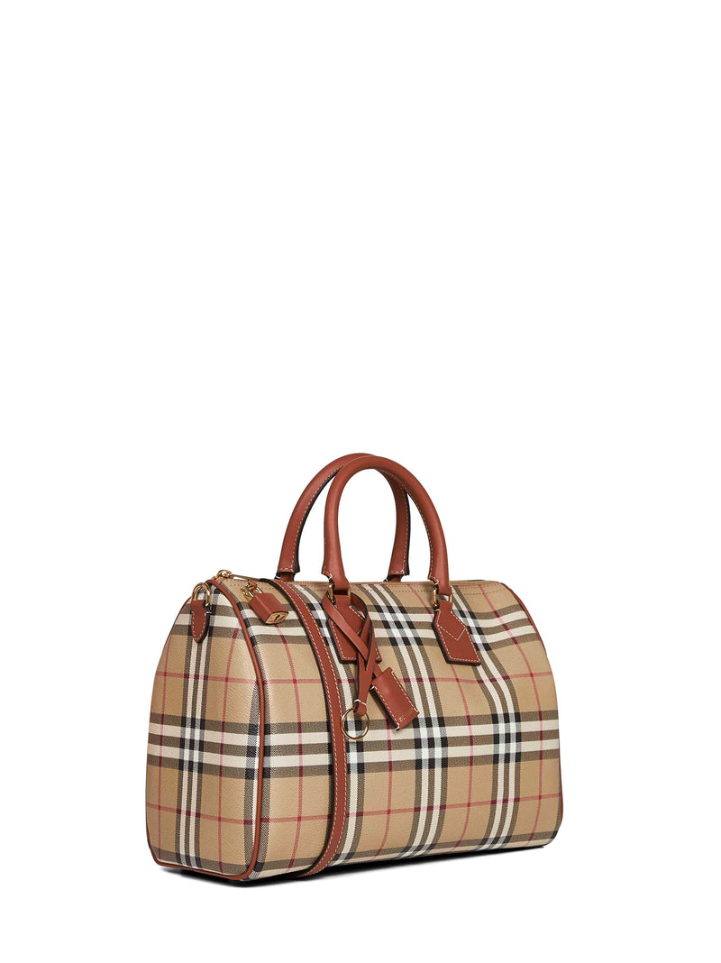 Burberry Coated Cotton Check Top Handle Bag — Beige