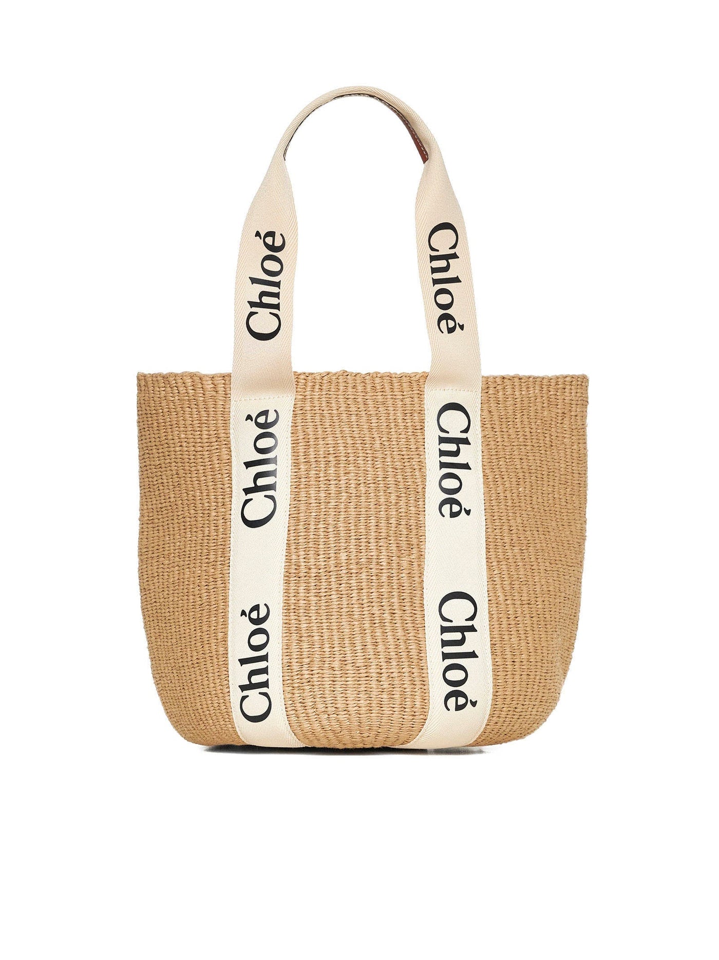 Chloé Logo-Striped Paper Tote Bag — Beige