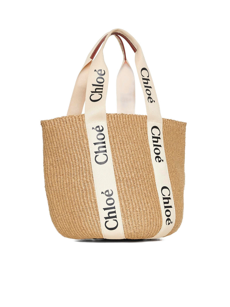 Chloé Logo-Striped Paper Tote Bag — Beige