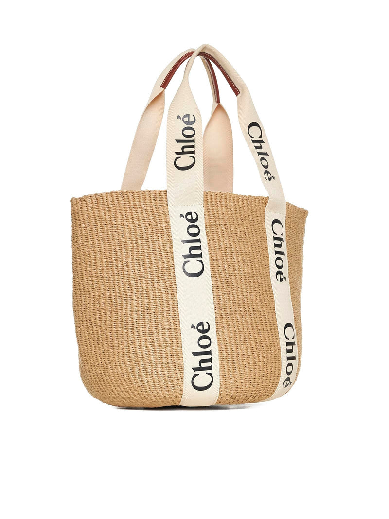 Chloé Logo-Striped Paper Tote Bag — Beige
