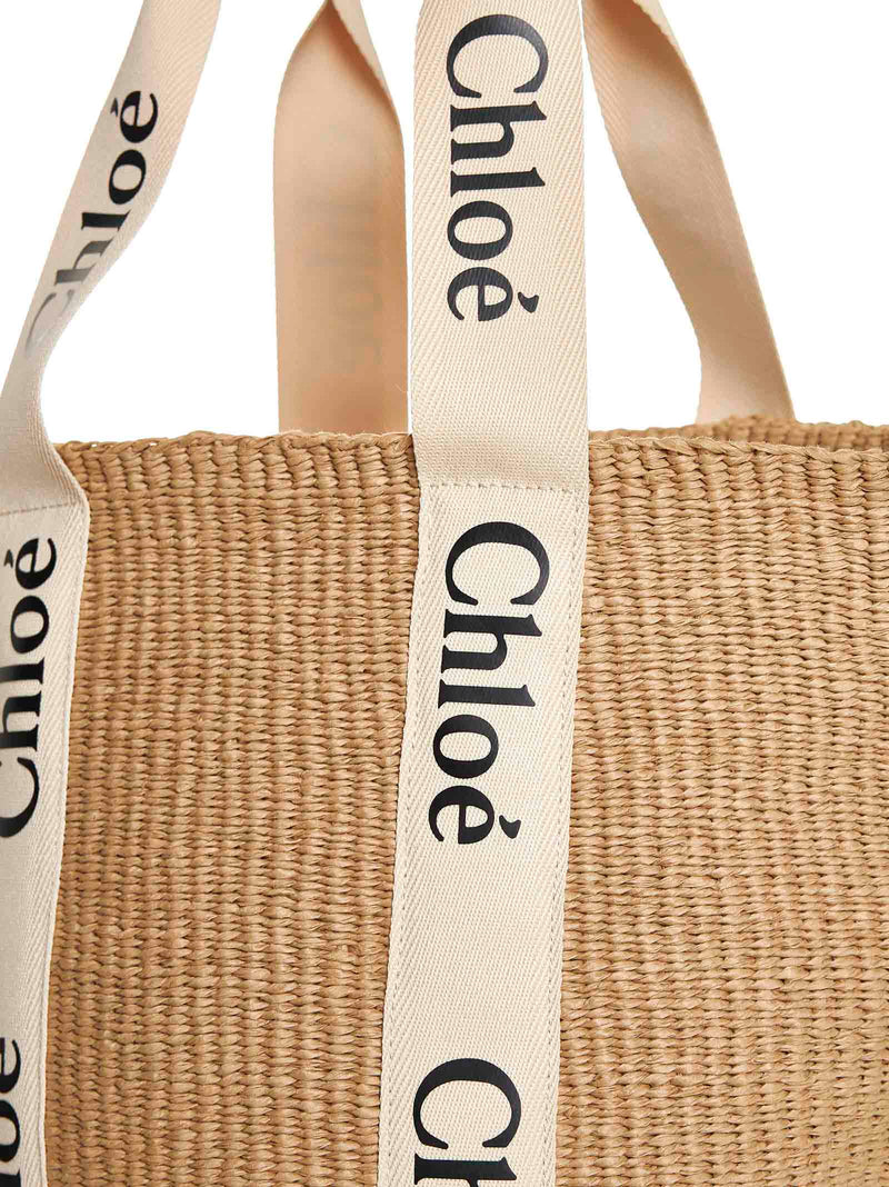 Chloé Logo-Striped Paper Tote Bag — Beige