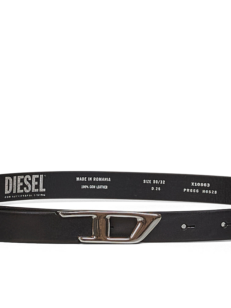 Diesel B-D Logo Plate Leather Belt — Black Wool