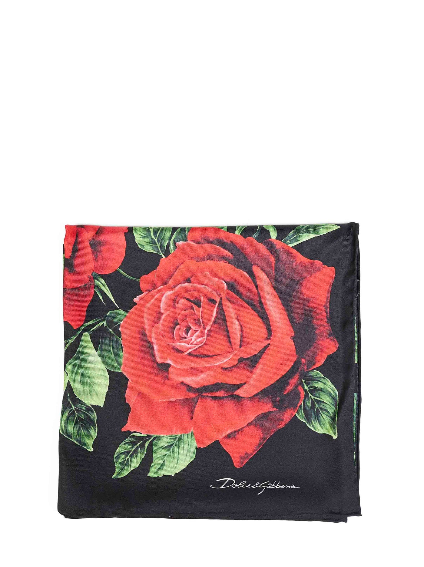 Dolce & Gabbana Silk Twill Rose Print Scarf — Black Scarfs