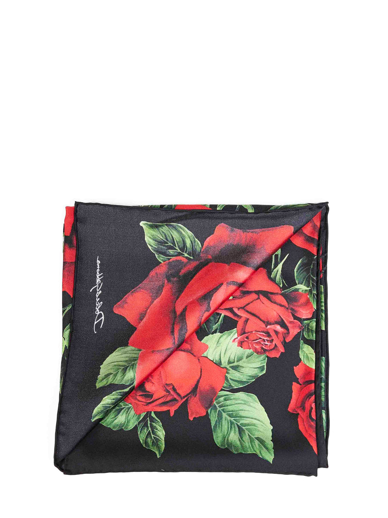 Dolce & Gabbana Silk Twill Rose Print Scarf — Black Scarfs