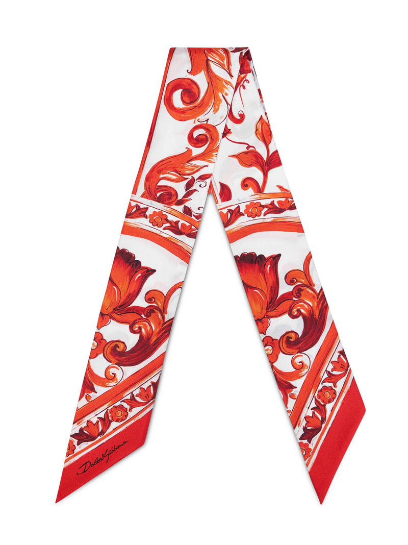 Dolce & Gabbana Orange Maiolica Print Silk Twill Scarf — Scarfs