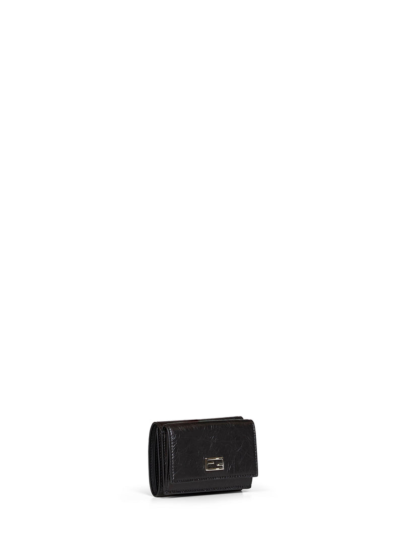 Fendi Crackle-Effect Calfskin Wallet — Black Calf Leather & Purses