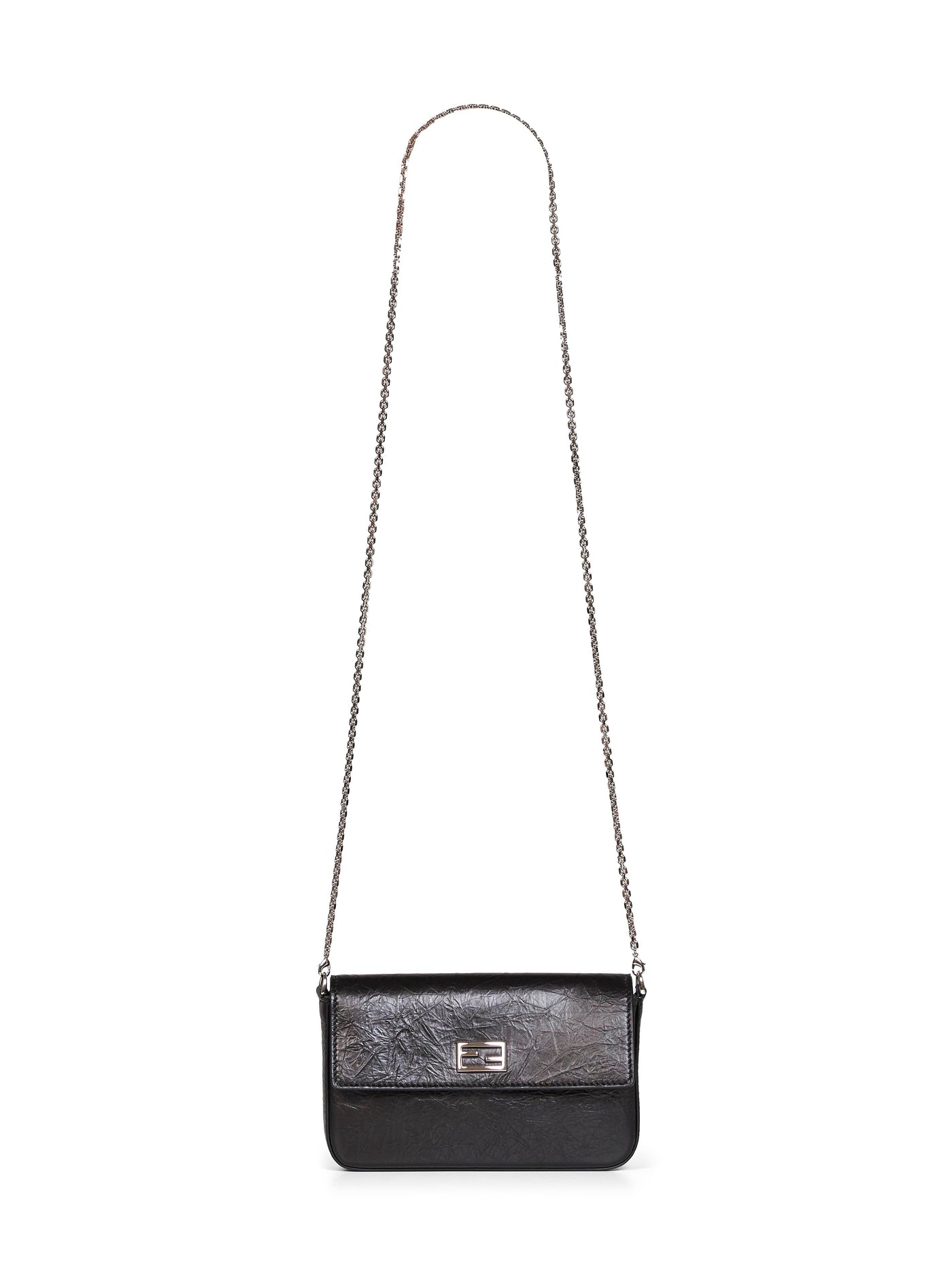 Fendi Crackle-Effect Leather Wallet On Chain — Black Calf Bag