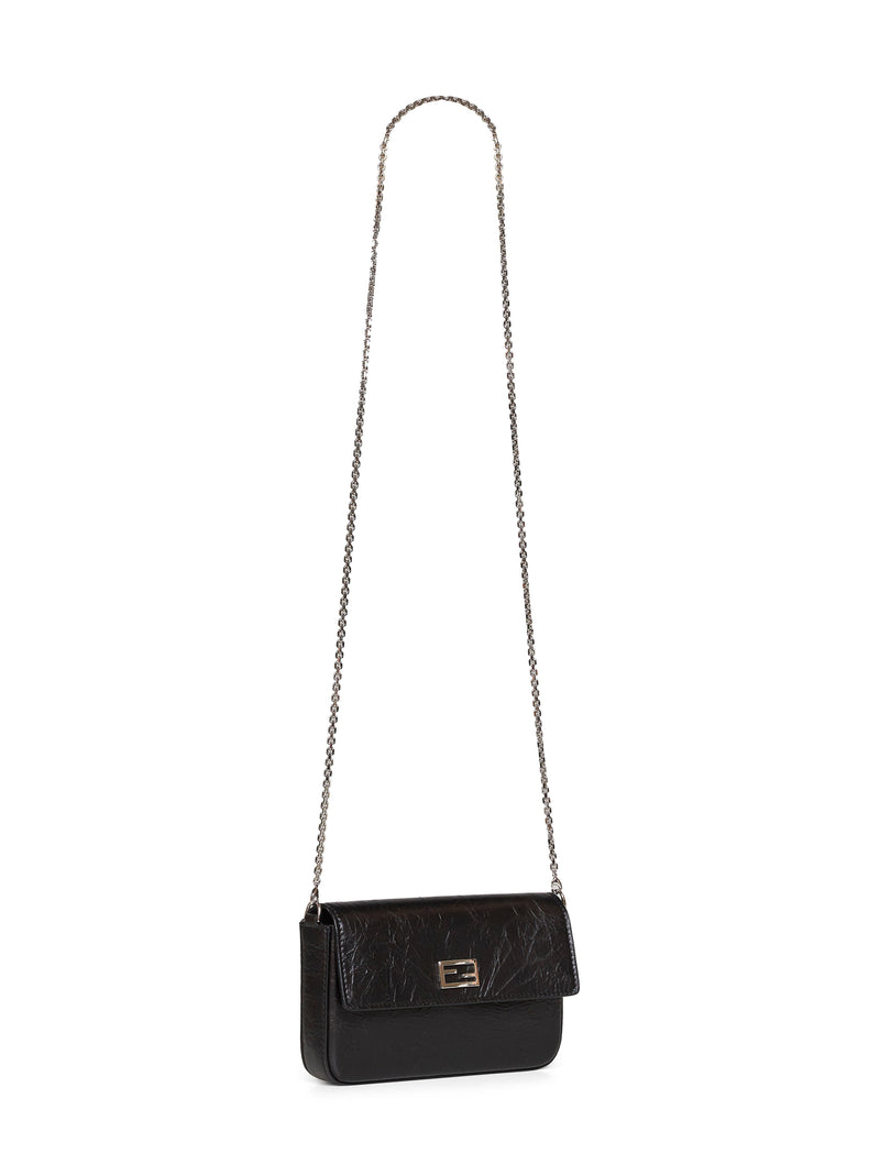 Fendi Crackle-Effect Leather Wallet On Chain — Black Calf Bag