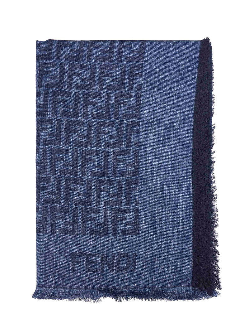 Fendi Jacquard Ff Logo Shawl — Blue Cotton Shawls