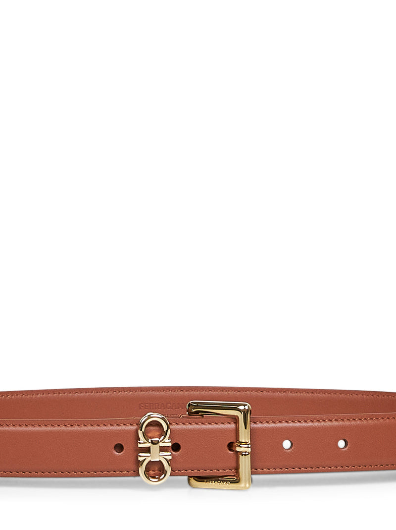 Ferragamo Double Gancini Calf Leather Belt — Brown
