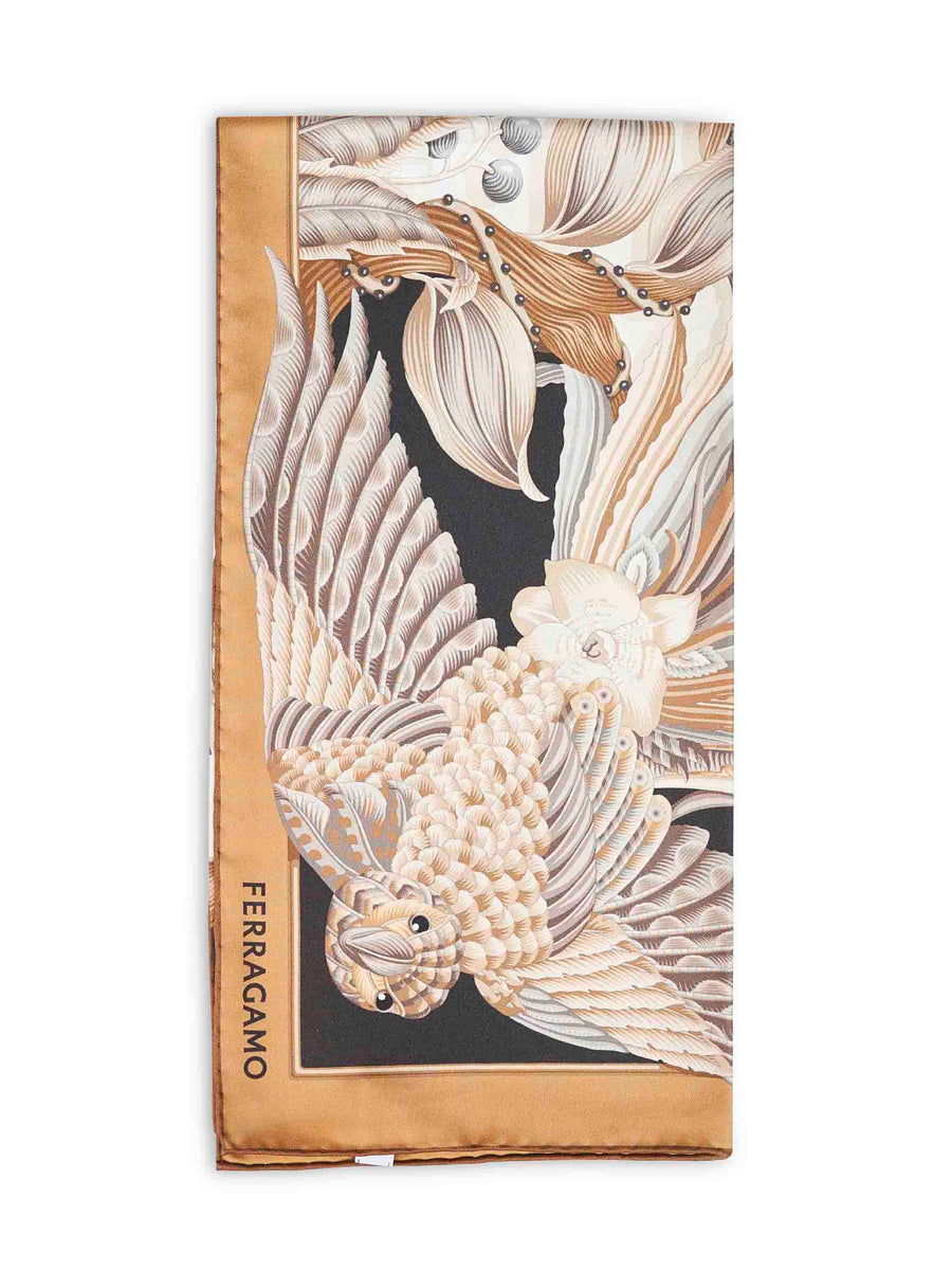 Ferragamo Parrots Print Silk Scarf — Beige Scarfs
