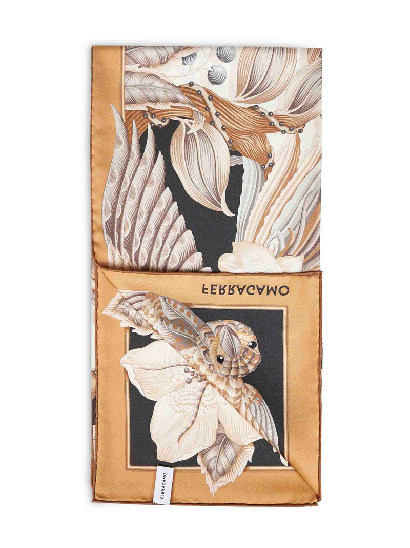 Ferragamo Parrots Print Silk Scarf — Beige Scarfs