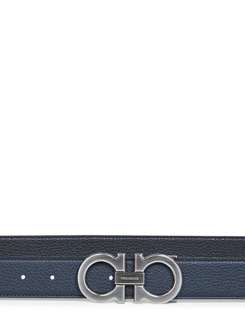 Ferragamo Two-Tone Gancini Reversible Belt — Blue Calf Leather