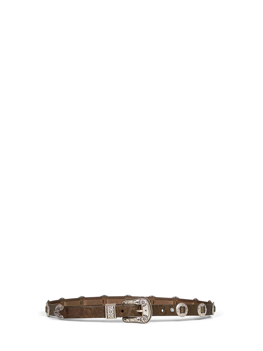 Golden Goose Embossed Floral Calf Leather Belt — Green