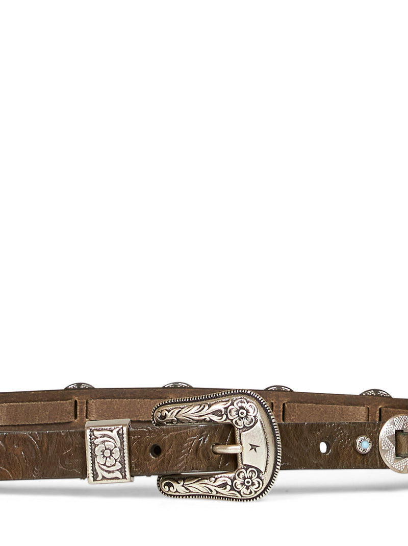 Golden Goose Embossed Floral Calf Leather Belt — Green