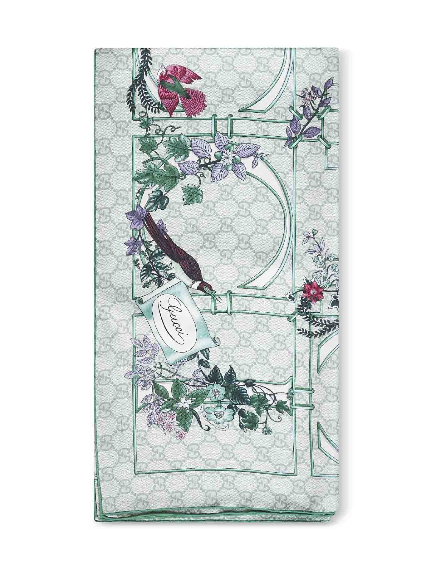Gucci Floral And Geometric Print Silk Twill Scarf — Green Scarfs