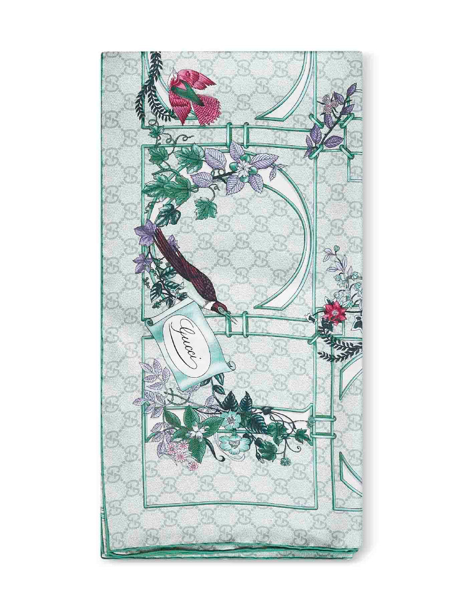 Gucci Floral And Geometric Print Silk Twill Scarf — Green Scarfs