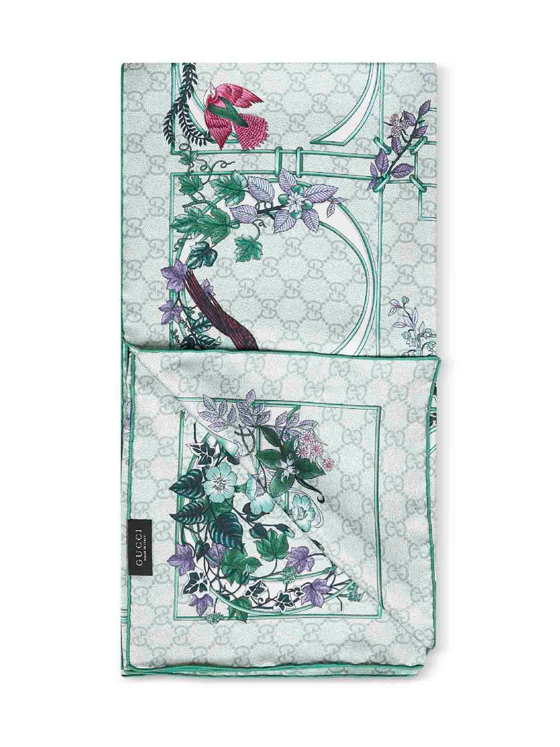 Gucci Floral And Geometric Print Silk Twill Scarf — Green Scarfs