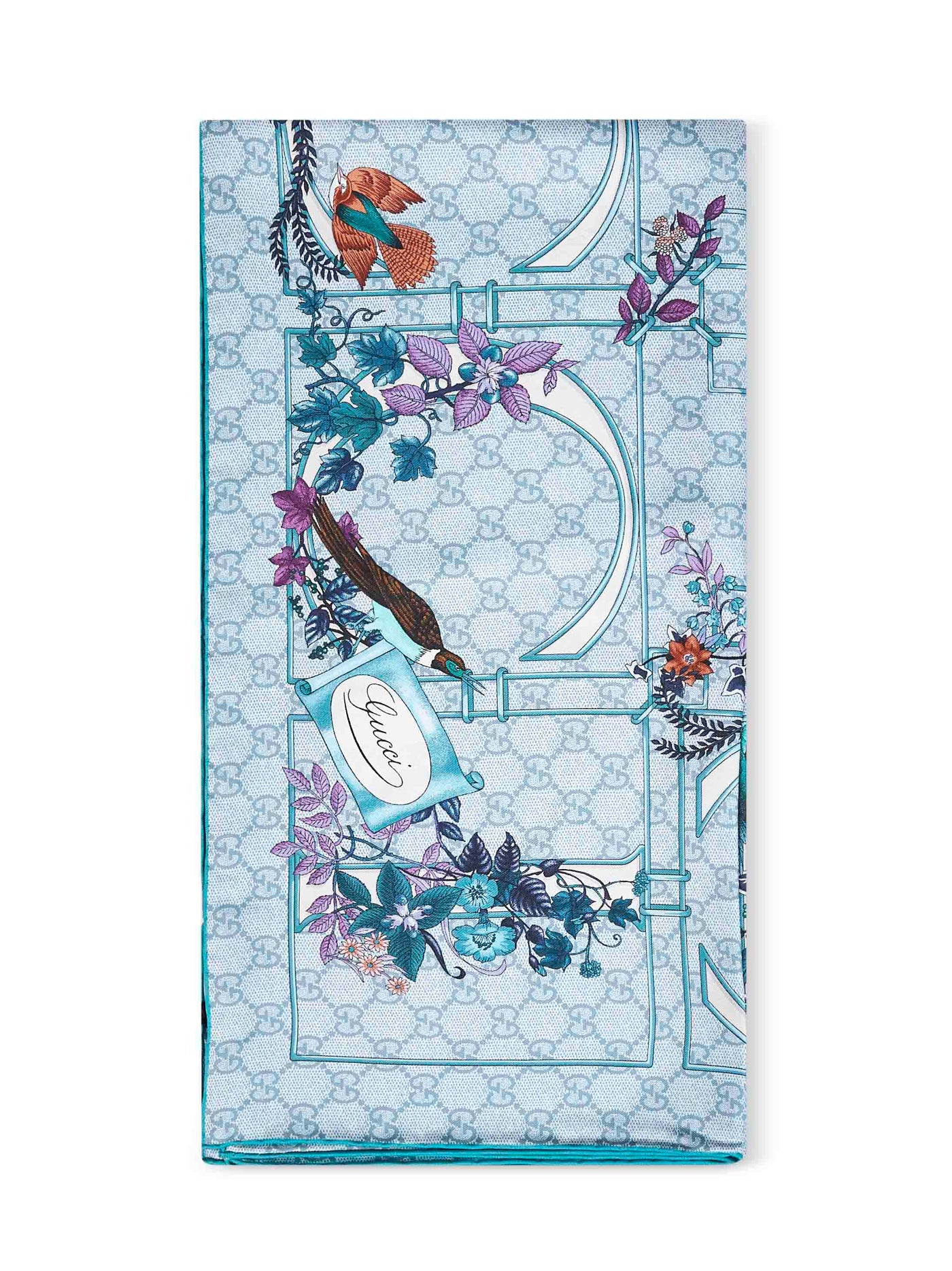 Gucci Silk Twill Floral And Geometric Print Scarf — Blue Scarfs