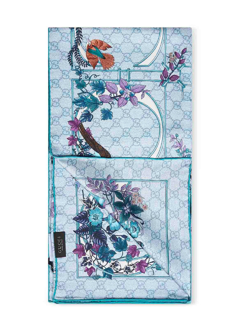 Gucci Silk Twill Floral And Geometric Print Scarf — Blue Scarfs