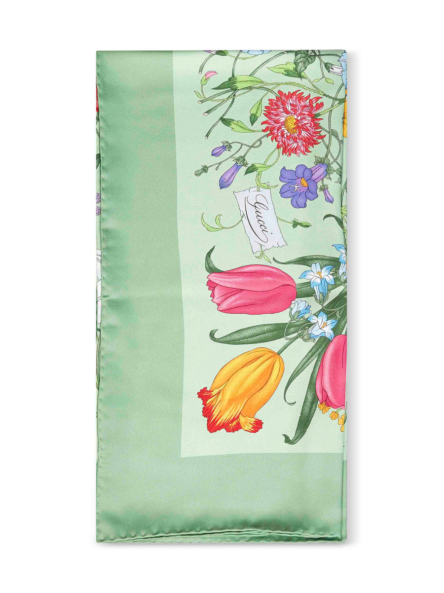 Gucci Silk Twill Flora Print Scarf — Green Scarfs