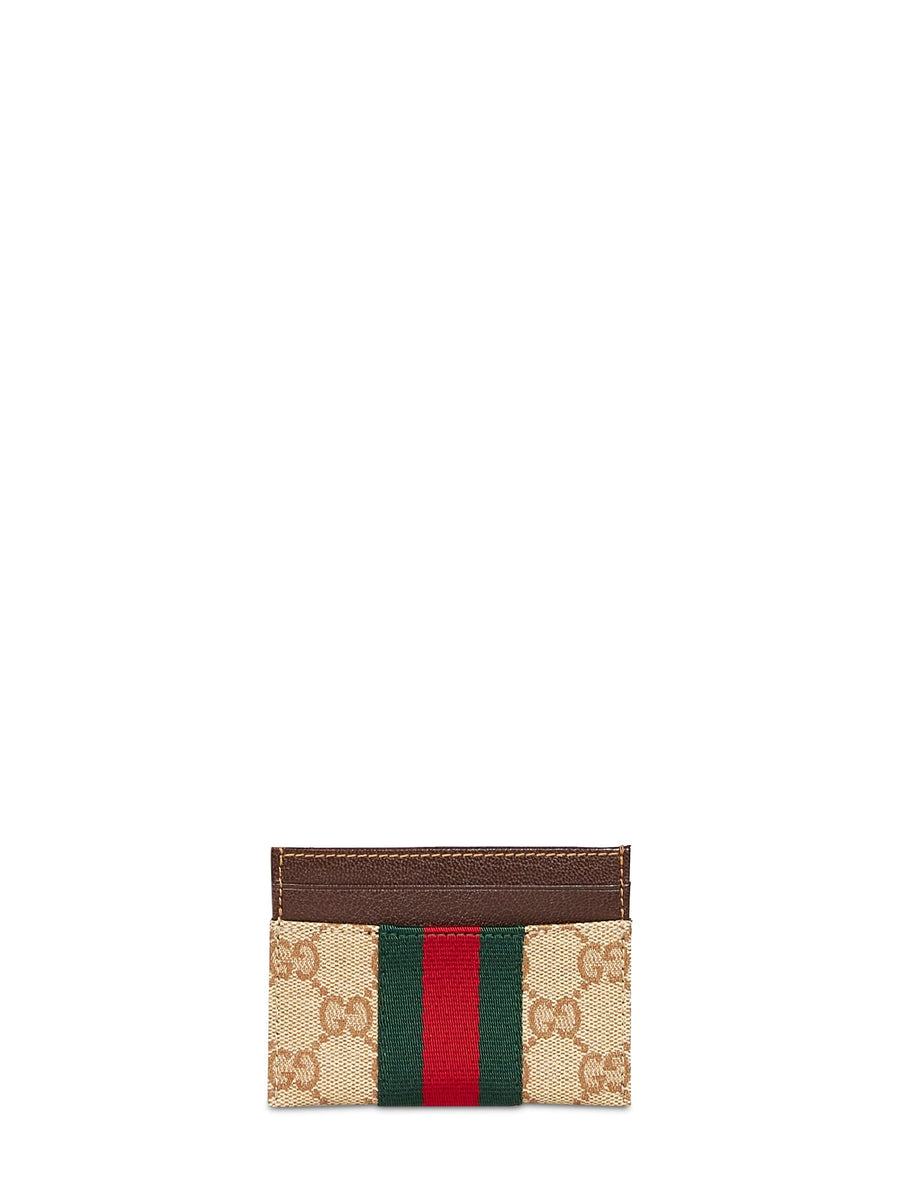 Gucci Gg Canvas With Web Stripe Card Case — Beige Calfskin Wallets & Purses