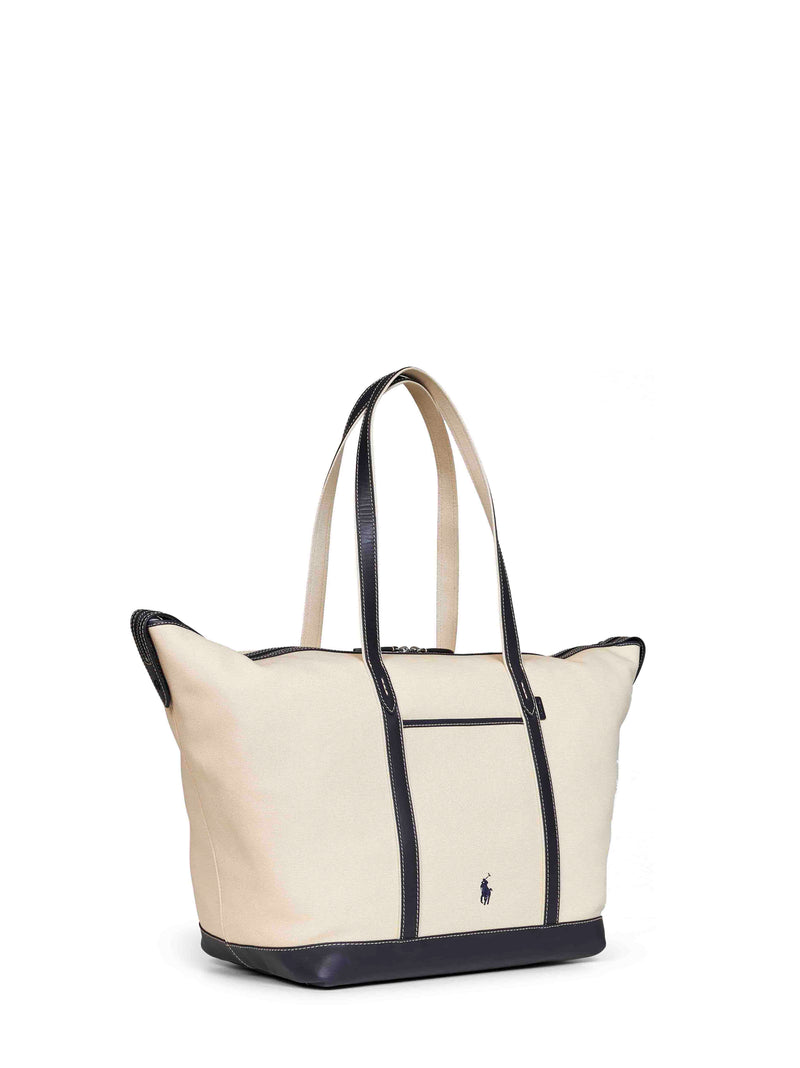 Polo Ralph Lauren Cotton Canvas With Leather Trim Shoulder Bag — Beige